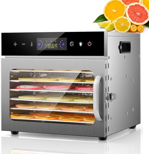 Deshidratador de alimentos, máquina secadora de alimentos de 400 W con 6 bandejas de acero inoxidable, deshidratador de frutas con ventana visible, panel táctil LED, temperatura digital ajustable