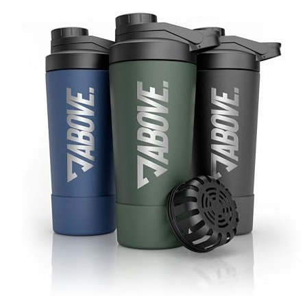 ABOVE. Shaker Proteine Acciaio Inox 750ml – Senza BPA e Termico: Bevande Fredde per 12H – Scala Incisa & Tappo 100% Antigoccia – Robusto e Durevole – Lavabile in Lavastoviglie fino a 45°C (Oliva)