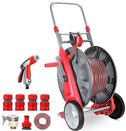 Carrello avvolgitubo da giardino con ruote e tubo flessibile, carrello avvolgitubo per impieghi gravosi con ruote e ugello per tubo flessibile e accessori, capacità del tubo flessibile di 160 piedi