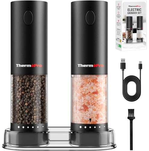 ThermoPro Ensemble de moulins à sel et à poivre électriques, moulins rechargeables avec réglage externe amélioré et facile à nettoyer, utilisation à une main, éclairage LED, grande capacité de 110ml