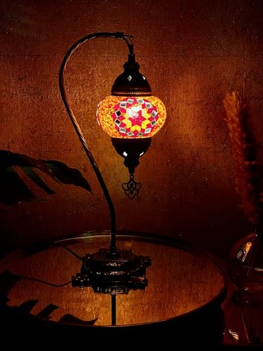 Lightza Handmade Turkish Moroccan Mosaic Desk Lamp LED Bulb | Swan Neck Unique Globe Lampshade Table Light | UK Tested Safe Energy Efficient (Golden & Red Big Flower)