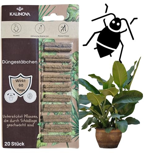 Düngestäbchen gegen Schädlinge – 20 Stück – Natürliche Schädlingsabwehr & Pflanzennahrung für Zimmerpflanzen – 60 Tage Wirkung – Ohne chemische Insektizide KALINOVA