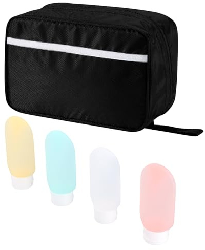 Beauty Case da Appendere con 4 Bottiglie da Viaggio 60 ml, Borsa da Toilette da Viaggio con 4 Scomparti, Astuccio da Toilette Impermeabile, Borsa da Barba Portatile, Trousse da Viaggio Donna Uomo