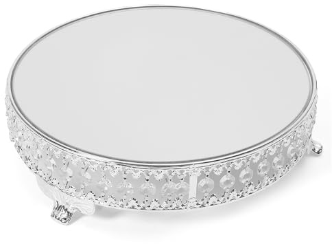 Wuyangcun Alzata per torte, diametro 30,5 cm, altezza 7,6 cm, rotonda, in metallo, con piano in vetro a specchio, con perline, stile europeo, argento