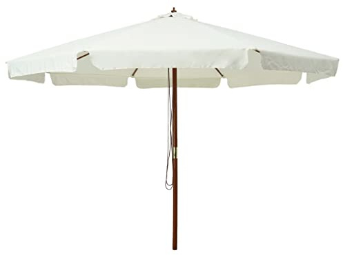 Ombrellone da Giardino con Palo in Legno, 330 cm Bianco Sabbia, Doppia Carrucola, Tessuto Poliestere UV, per Piscina Balcone e Spiaggia, Diametro 240 cm