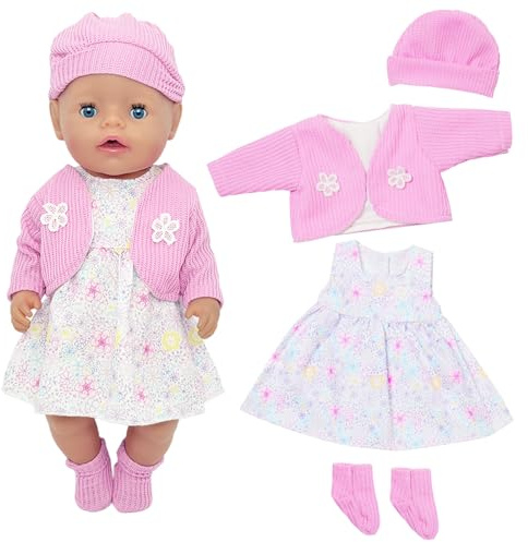 5 Pcs Puppenkleidung 35-45cm, Rosa Blumen Kleidung Outfits mit Mantel Kleid Hut Socken Kleiderbügel für 12-18 Zoll Puppen Puppen Kleidung Zubehör Mädchen Geburtstag Geschenk