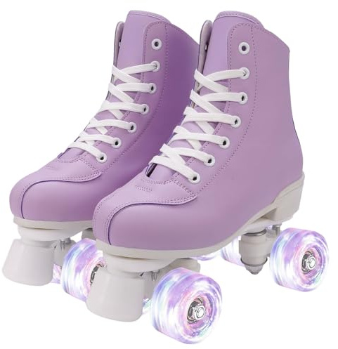 jessie Outdoor Roller Skates for Women & Teens, High Top PU Leather Quad Skates with Light-Up Wheels for Indoor/Outdoor Skating, Ideal for Beginners & Casual Skaters(Purple White, 41-25.5cm/9.95in)