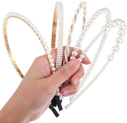 DOPENSPI 5 Stück Perlen Haarreifen Damen, Weiße Perlen Stirnbänder Mädchen Faux Braut Stirnband Hochzeit Haarschmuck Hair Accessories Headband für Frauen Geburtstag Party