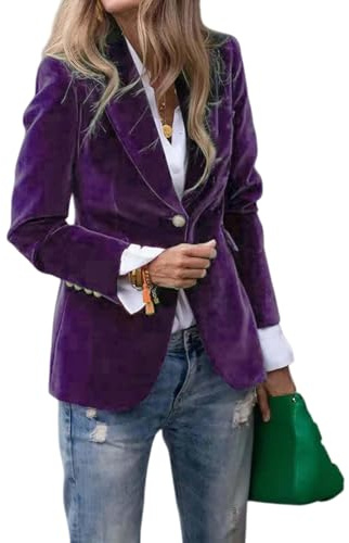 Genérico Chaleco de terciopelo vintage para mujer, casual de negocios, chaqueta de manga larga con botones, atuendo de otoño-invierno, prenda de vestir para oficina y trabajo, morado, L