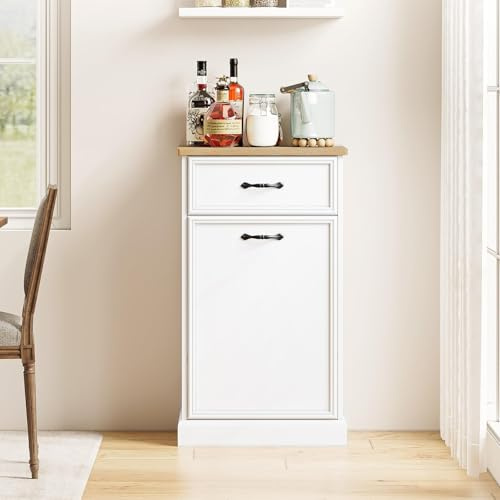 IDEALHOUSE Trash Cabinet Tilt Out, 10 Gallon Hidden Trash Can Storage Cabinet, Freestanding Pet-Proof Garbage Can Cabinet for Kitchen Dining Living Room, White