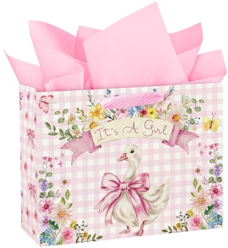 Loveinside 33 cm Große Gans-Babyparty-Papiertasche mit Geschenkpapier - Rosa karierte Tasche mit Gans- und Schleifen-Design für Mädchen-Babypartys und Mädchengeburtstage