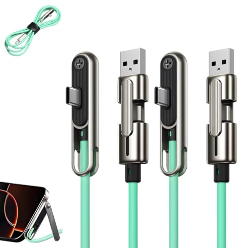 CBDYWVR 2-in-1 Invisible Holder Charger Cable with Stand, USB-A/USB-C to Type-C Dual-Head Design, 240W Sideways Phone Charger, Suitable for Carrying During Outdoor Travel (Green 2pcs)