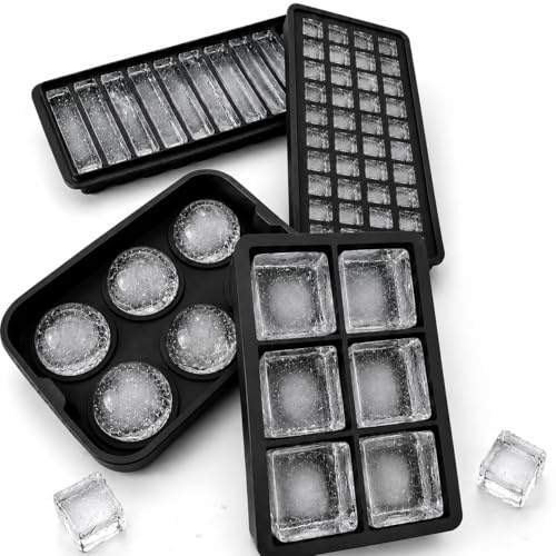 Silicone Ice Cube Tray Set with Lids – 4 BPA Free Ice Moulds for Drinks, Iced Coffee, Mocktails & Water Bottles – Large Cubes, Small Cubes, Ice Balls & Ice Sticks