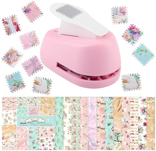 LEIMEND Briefmarken Stanzer Set Motivstanzer Rosa Stamp Puncher 20×18mm | Stanzer Briefmarkenform mit 24 Stück Musterpapier für Scrapbooking Scrapbook Artikel Briefumschläge Etiketten Geschenkkarten