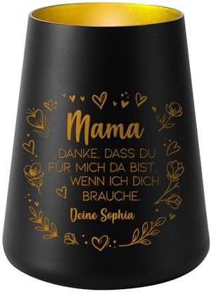 Herz & Heim® Windlicht Glas personalisiert mit Gravur für Mama zum Muttertag – Teelichthalter mit individuellem Name & Text – Deko Teelicht als Dankeschön Geschenk – 2 Farben (Schwarz)