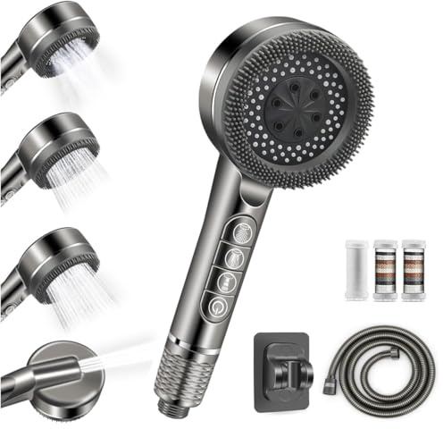 Hard Water Filter Shower Head with 15 Stage Filter,3 Spray Jet Modes high Pressure Shower Head and 1.5m Hose,Handheld Massage Shower Filter for Residual Chlorine Remove Reduce Dry Itchy Skin (Grey)
