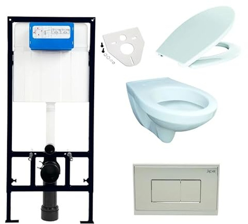 Wand WC Komplettset Wandhängend — VIGOUR Tiefspüler + JAPAR Unterputz-Spülkasten 3/6L + Klaros Betätigungsplatte Chrom, WC-Sitz Edelstahl-Scharniere, Vorwandinstallation Weiß
