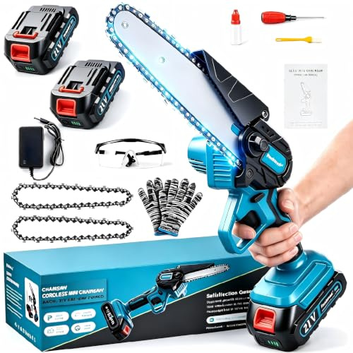 Mini Motosierra Bateria 6 Pulgadas, 1000W Motor Sin Escobillas, Motosierra Eléctrica con 2 Baterías y 2 Cadenas, Motosierra de Mano Portátil Inalámbrica para Podar Árboles de Jardinería y Madera DIY