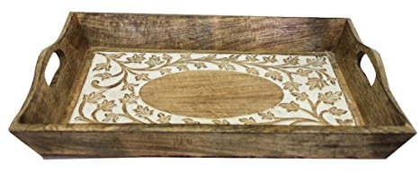 Keyhomestore Bandeja de madera decorada Hiedra Blanco Estilo Oriental Muebles Indian – 8 x 46 x 30 cm