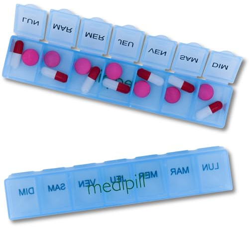 MEDIPILL - Pilulier Semainier Français | Pilulier 7 jours - 7 Compartiments | Compact et Durable | Sans BPA| Bleu | Une Pièce | MED-S7-B