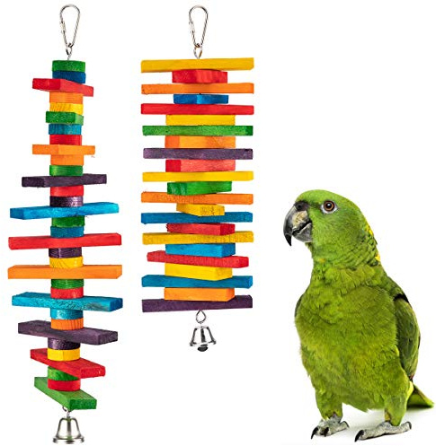MEWTOGO 2Pcs Bird Toys - Parrot Toys with Multicolored Natural Wooden Blocks, Bird Chewing Sticks Toys for Conures Parakeets Cockatiels Lovebirds African Grey Macaws Amazon Parrots Gift
