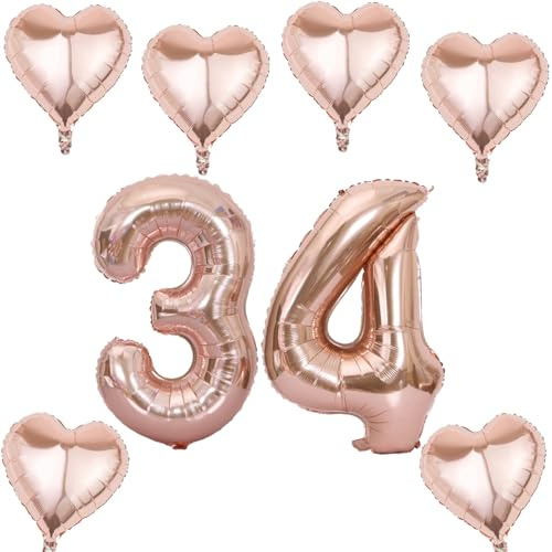 Pallone oro rosa numeri 34 +6 pezzi cuore palloncino elio 34 compleanno decorazione per le donne,40” pallone d'oro rosa gigante foil 34 per 34 compleanno decorazione, pallone elio numero 34