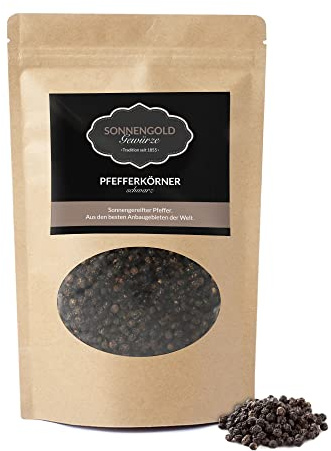 Sonnengold Svartpeppar | Svart pepparkorn i premiumkvalitet, dubbelsilvad och rengjord | nyligen soltorkade från Ecuador, naturliga och rena, 120 g