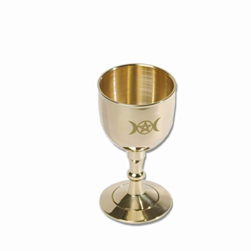 vuagmiv Brass Chalice - Mini Triple Moon Goddess and Pentagram Goblet, Solid Brass, Tarot Card Divination Cup