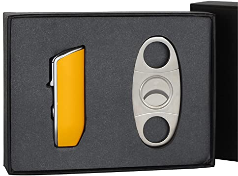 HB1 Ensemble Cadeau Coupe-Cigare Coupe-Cigare Coupe-Vent Flamme Torche Accessoires Butane Métal avec Poinçon Boîte Cadeau (sans Gaz),Yellow