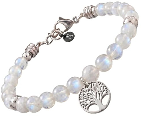 10:10 Bracelet en acier inoxydable et pierres naturelles de 6 mm, breloques arbre de vie et perles en acier, fabriqué en Italie