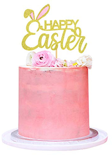 Blumomon 1Pcs Happy Easter Cake Topper Gold Glitter Happy Easter Cupcake Toppers Rabbit Cake Toppers for Party Cake Decorations