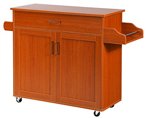 GOPLUS Carro de Servicio con cajón y Armario, Carro de Cocina rodante, Carro Lateral con división Ajustable, 2 Ruedas con Freno, de Madera, en Estilo casa de Campo, para Cocina Restaurante (Café)