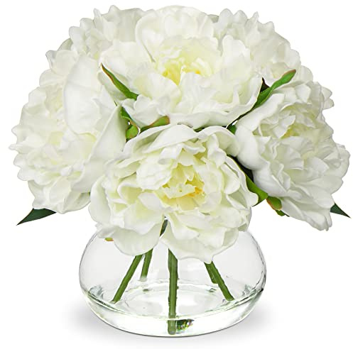 Oairse Kunstblumen mit 6 Pfingstrose in Glasvase - 3D-Druck Real Touch - Künstliche Blumen wie echte Pfingstrose für Hochzeit, Zuhause, Hotel, Party, Blumenarrangement