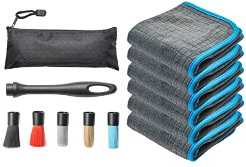 CARMODO® 5in1 Wechselbares Detailing Pinsel Set inkl. Felgenbürsten Aufsatz für Jede Oberfläche & 6X Innenraum Mikrofasertücher - extrem weiche Reinigungspinsel Auto Zubehör Innenraum, Autopflege Set