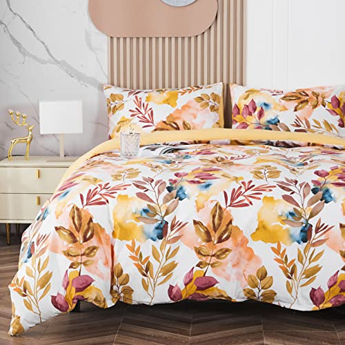 Jemiipee Set Copripiumino Floreale Colorato Letto Matrimoniale Autunno Rami e Foglie, 1 x Copripiumino 220x260 cm e 2 x Federe 50x70 cm Completo Sacco Parure Letto Bohémien Microfibra Giallo Senape
