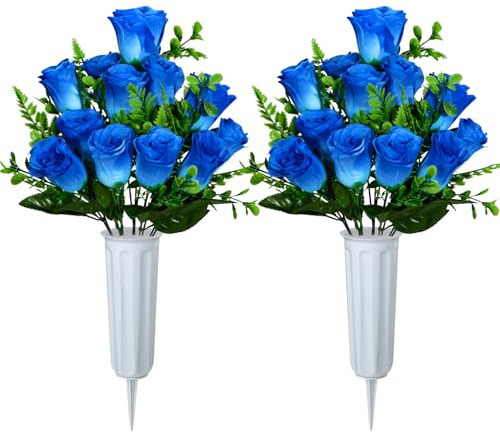 XONOR Artificial Cemetery Flowers, Set of 2 Artificial Rose Bouquet Grave Memorial Flowers with Vase for Cemetery Headstones Decoration (Blue)