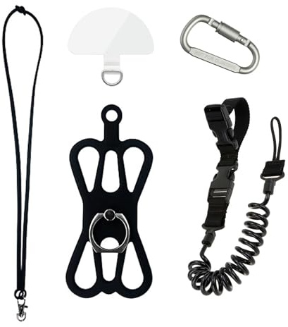 Supkeyer Universal Rugged Phone Lanyard Holder, Fishing Phone Tether and Ring Grip, Outdoor Phone Leash Tactical Pistol Lanyard with Carabiner Clip for iPhone and Most Cell Phones (Black)