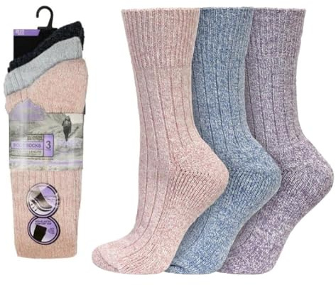 OnlyBee 3 Pairs of Womens Non Elastic Wool Blend Thermal Diabetic Boot Socks Walking Hiking Trekking Thick Warm UK Size 4-8