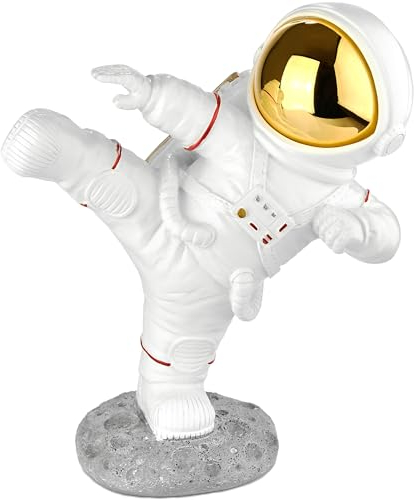 BRUBAKER Decorative Figure Astronaut in Karate Pose - High Kick - 7.5 inches (19 cm) Spaceman Space Figure with Chrome Plated Helmet - Hand Painted Modern Space Statue - Gold and White