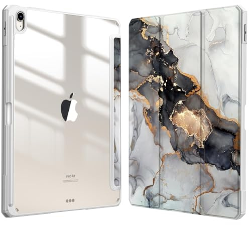 FINTIE Hybridfodral kompatibelt med iPad Air 13 tum (2024) M2, [inbyggd pennhållare] stöttåligt fodral med klart genomskinligt bakskal, automatisk väckningssömn, (Z-molnig marmor)