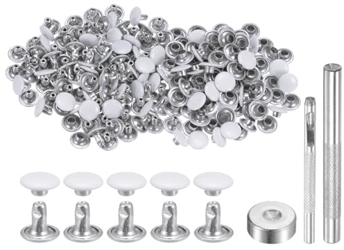 QUARKZMAN 100 Sets Leder Nieten 8mm x 6mm Metall Doppelkappe Nieten Druckknöpfe Befestigungselemente mit 3 Stück Werkzeugen zum Setzen von Nieten für Lederhandwerk Reparatur Dekoration, Weiß