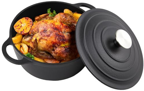 Hierro fundido esmaltado para horno holandés de 3 cuartos de galón con tapa, asas dobles grandes, apto para horno hasta 260 °C, olla redonda clásica para cocinar versátil, negro mate (sin esmaltado)