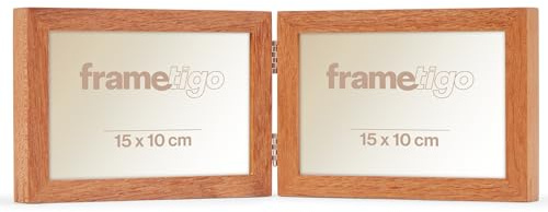Frametigo - Solid Okan Natural Hardwood Double Landscape Photo Frame, 6x4 (15x10cm) Photo Size - Velvet Frame Backing & Stand - Double Spline Joint - Polished Edge Real Glass - Stylish Wooden Frames