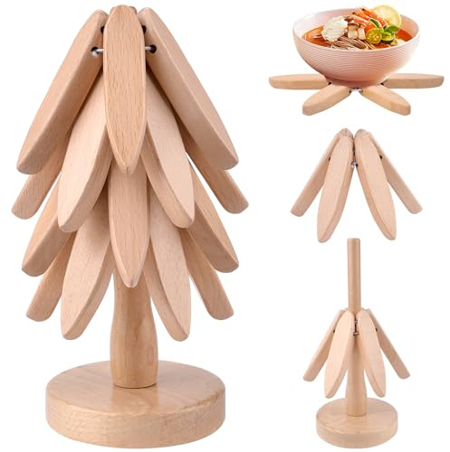 Dessous De Plat Bois, Dessous De Plat Pliable en Forme d'arbre, Dessous De Plat Sapin pour Casseroles Et Poêles Chaudes, 4 Dessous de Plats en Bois + 1 Support (Bois d'origine)