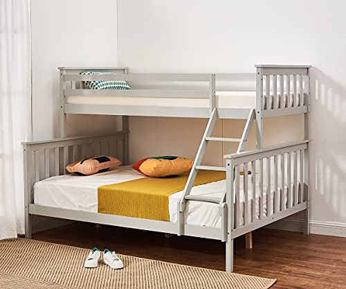 Panana Triple Bunk Bed, 4ft6 Double & 3ft Single Wooden Bunk Beds With Ladder Triple Sleeper Kids Bunk Bed, Solid Pine Wood Frame Children Single Double Bed Frame (grey, can split in to 2 beds)