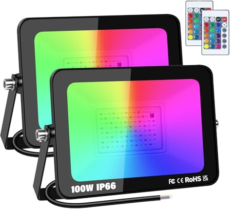YOJZMA 2 x 100W RGB Faretto LED Esterno con Telecomando 10000LM Proiettore | Senza Spina, Dimmerabile, Stroboscopiche, Cambio Colore, 175-265V, Impermeabile, Fari LED per Giardino, Feste, Palco, Partito