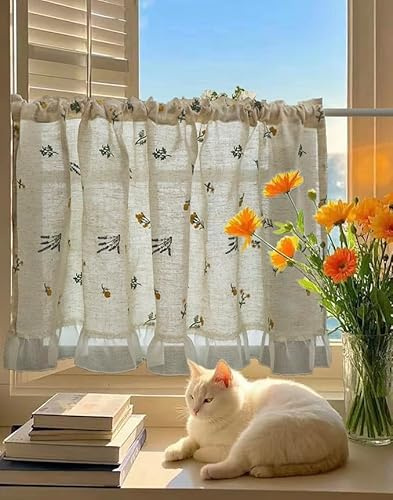 Daliena Rideau brise-bise style maison de campagne vintage - Aspect lin - Avec broderie florale - Semi-transparent - Pour cuisine, balcon, coin café (l x H 180 x 60 cm) - Beige - 1 pièce