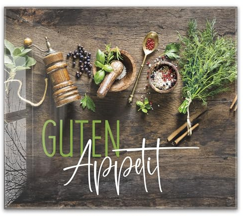 Herdabdeckplatte 60x52 cm einteilig aus 4mm ESG Glas | Kräuter& Gewürze auf rustikalem Holztisch, Guten Appetit | Herd Abdeckung Abdeckplatte Induktion Schneidebrett Glasplatte für Ceranfeld