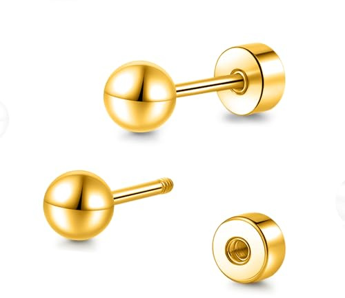 TitanHeart Hypoallergene Titan Schraube Zurück Flach Zurück Kugel Ohrstecker 3mm-5mm Einfache Klassische Ohrstecker für Damen Herren Empfindliche Ohren