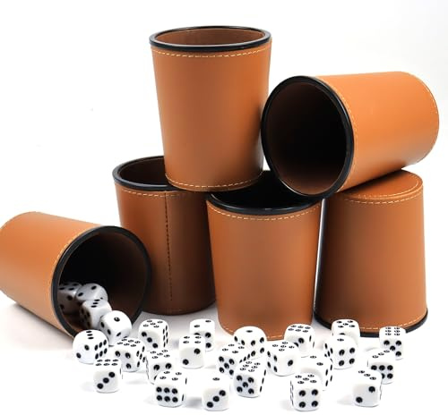SENLINLIN Würfelbecher Set 6 Würfelbecher Leder mit 30 Würfeln, PU Kniffelbecher, Knobelbecher Leder Set für Bar-Party Würfelspiele
